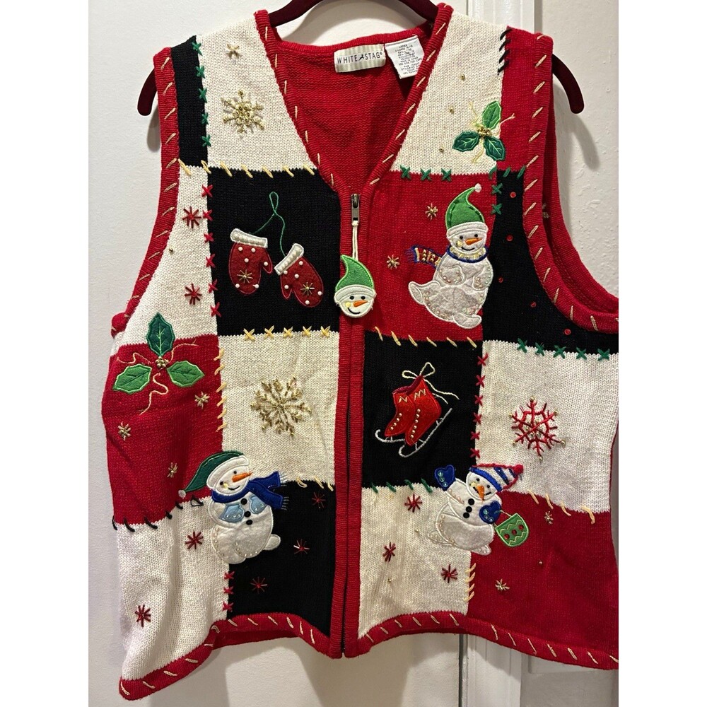White Stag XL Christmas Snowman Patchwork Sequin Full Zip sweater Vest